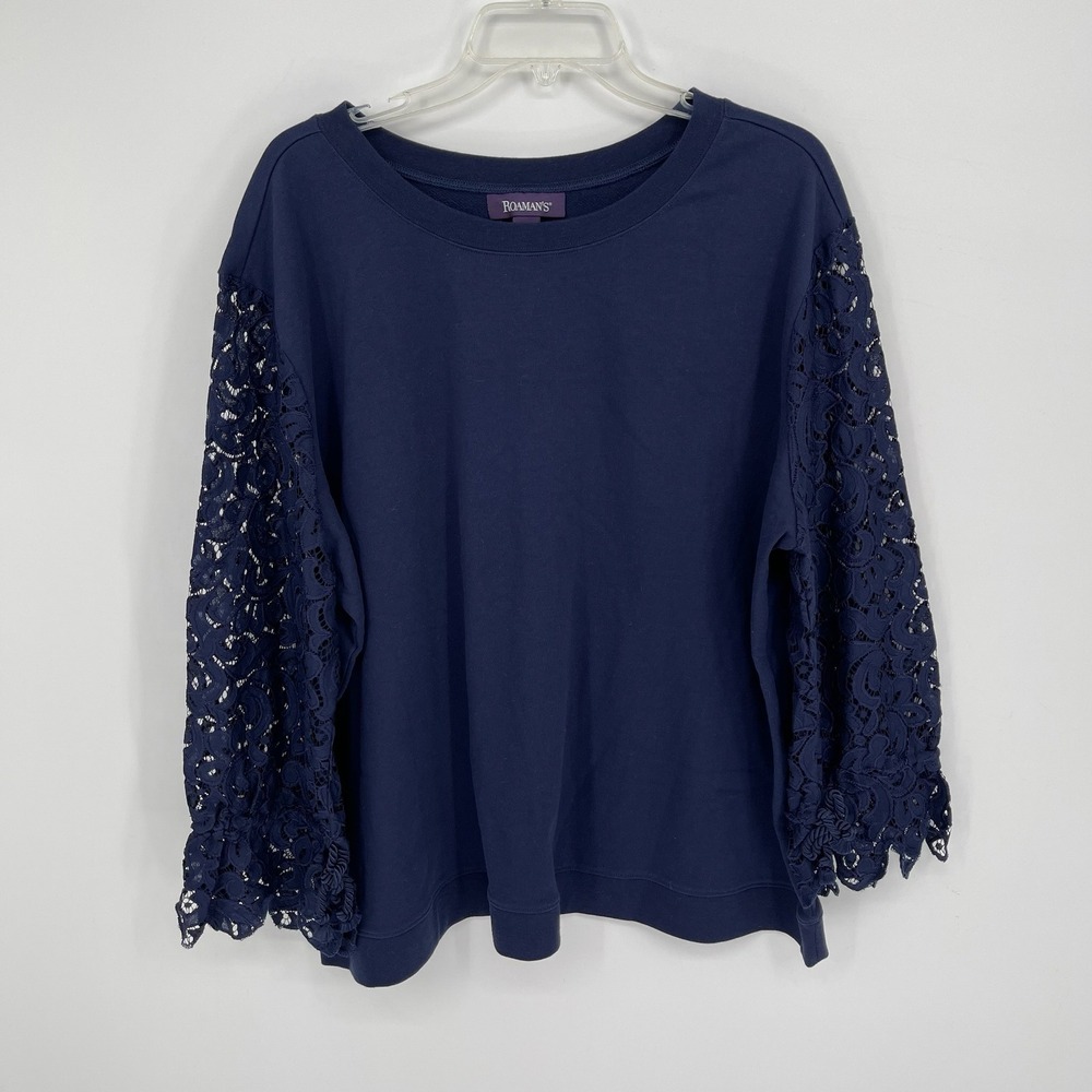 Roaman's Women's Navy Guipure Lace Sleeve French Terry Sweatshirt Top Size 18-20